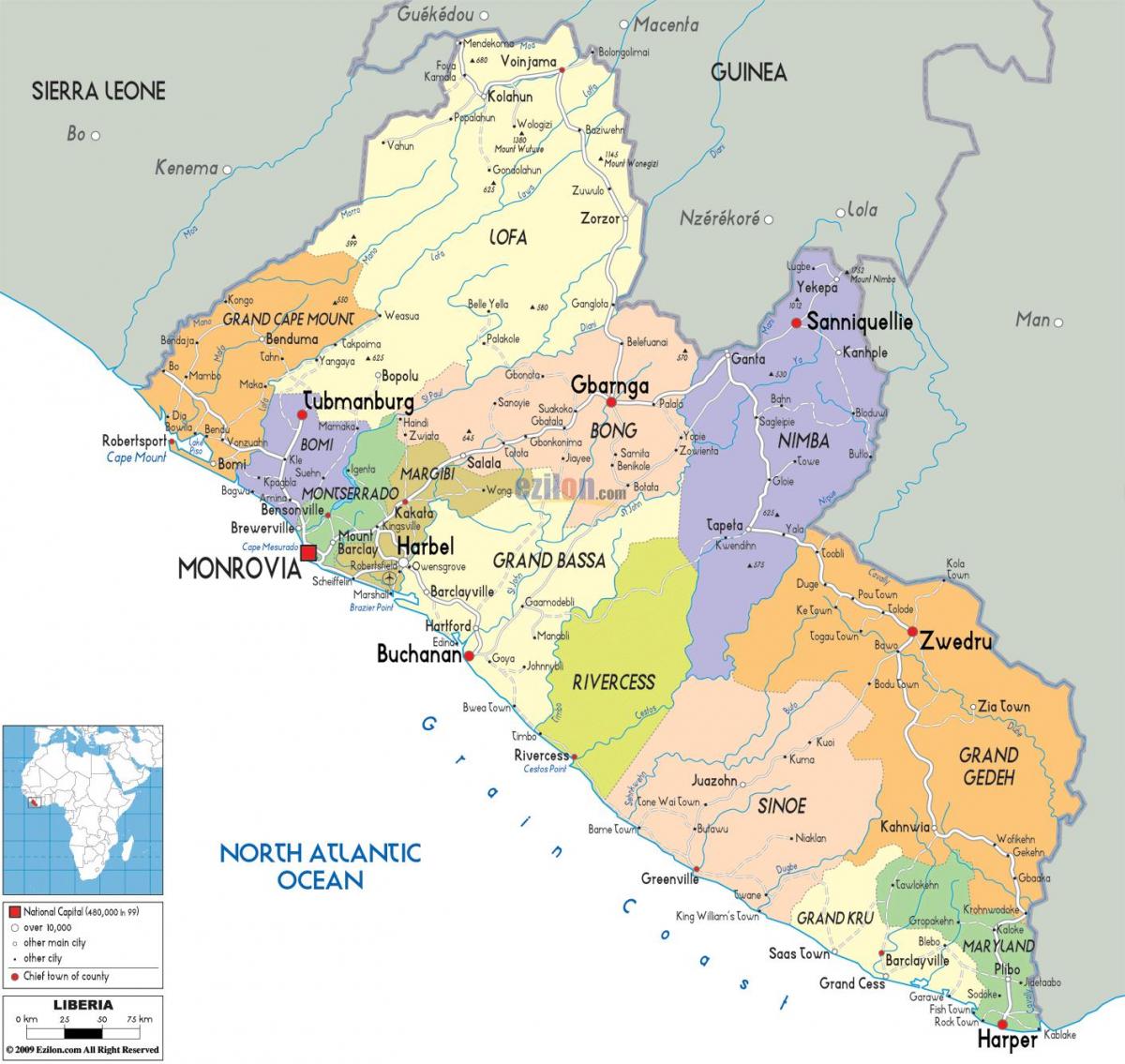 poliittinen kartta Liberia
